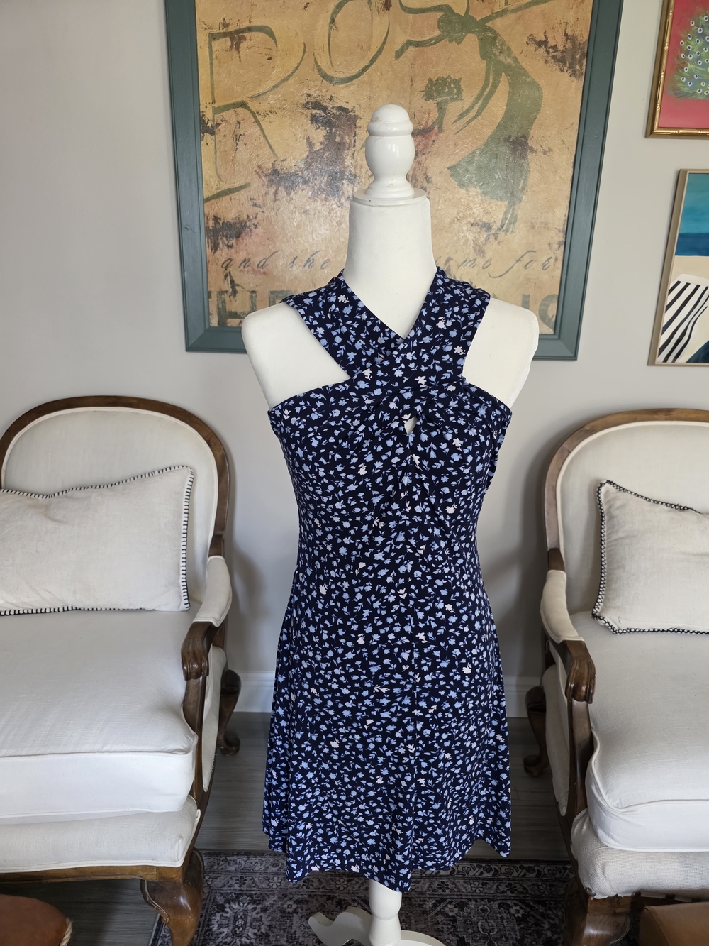 Michael Kors Navy Floral Cross-Halter Mini Dress